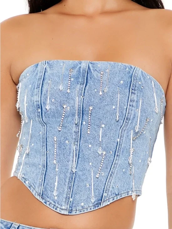 NWT Forever 21 Embellished Denim Corset Top + Mini Skirt Set - Light Blue - Picture 7 of 7